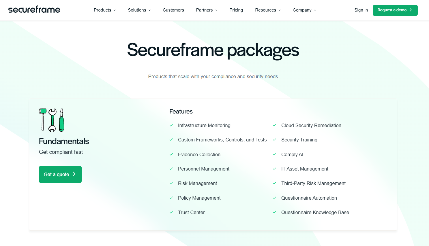 Secureframe pricing packages depicting it's features for Fundamentals plan