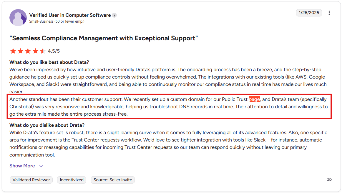 G2 User review describing Drata customer support