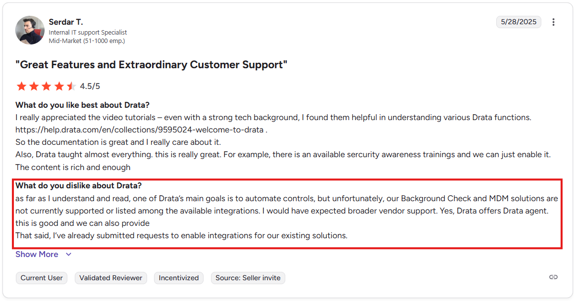 G2 user reviews describing Drata integrations