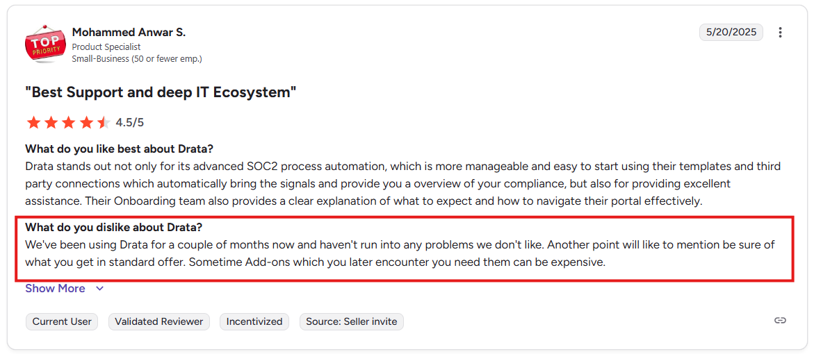 G2 user reviews describing Drata pricing hidden add ons