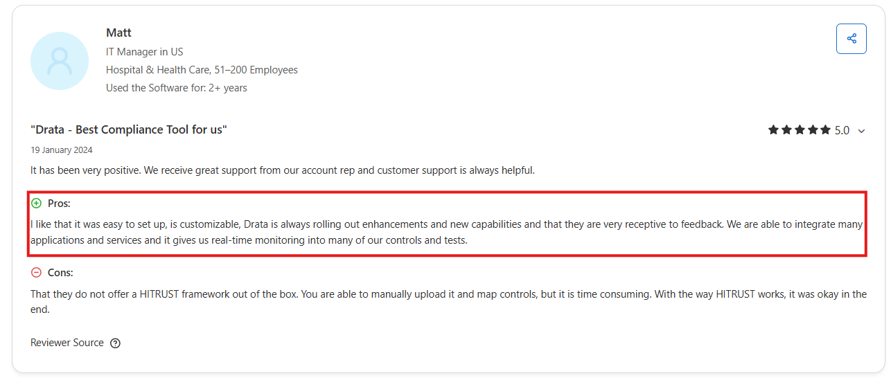 Capterra Drata reviews explaining Drata capabilities