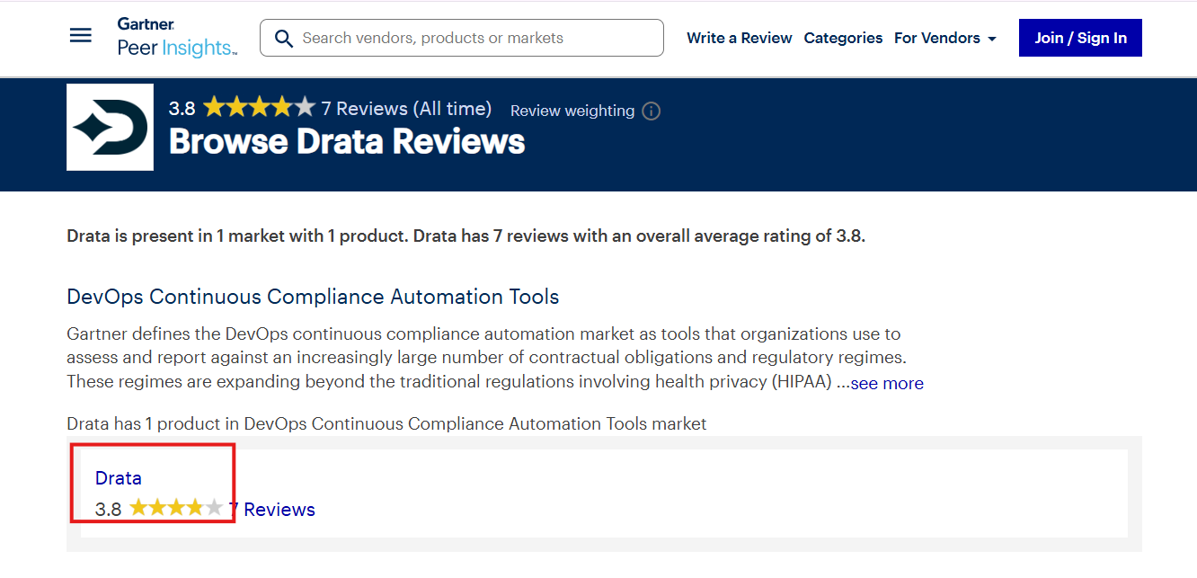 Gartner peer insights rating of Drata screenshot