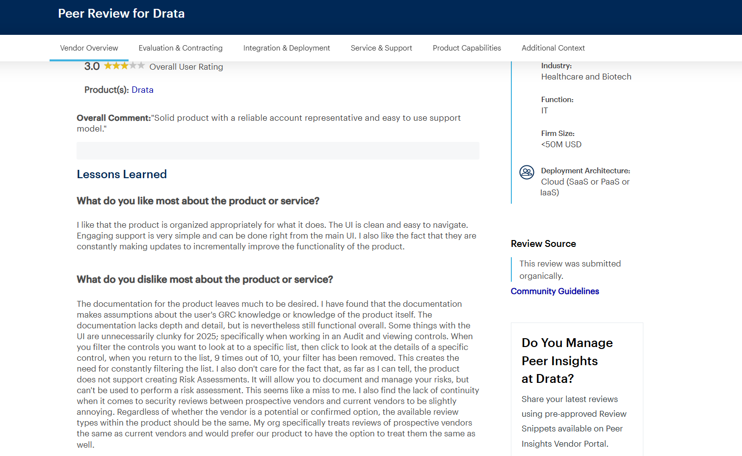 Gartner peer insights Drata user review of the product