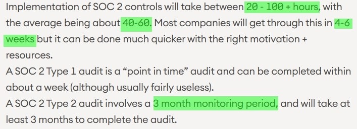 This is an image of a text excerpt describing OneLeet’s SOC 2 compliance timeline, highlighting average setup times and audit duration.
