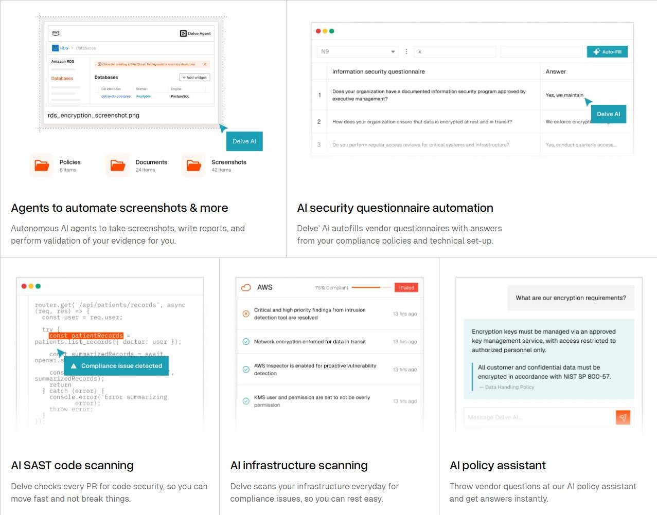 This is an image of the Delve AI compliance stack showing automation tools for screenshots, questionnaires, infrastructure scanning, and policy assistance.
