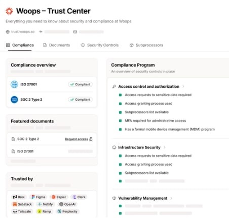 This is an image of the OneLeet Trust Center showing compliance programs, infrastructure security, and vulnerability management.