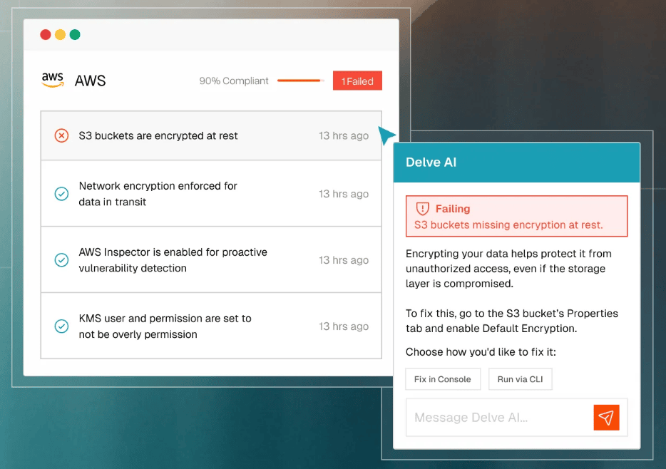 This is an image of Delve AI detecting a compliance issue in AWS, showing automated recommendations for encryption and security fixes.