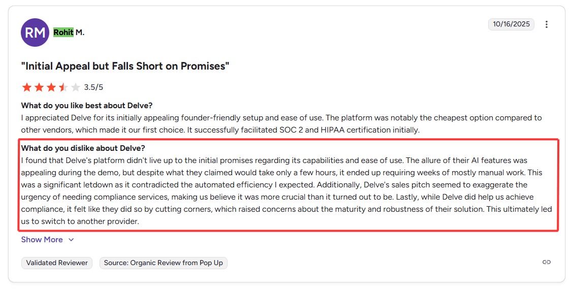This is a G2 review image where a user shares mixed feedback about Delve, praising its setup but citing limited automation and over-promised AI features.