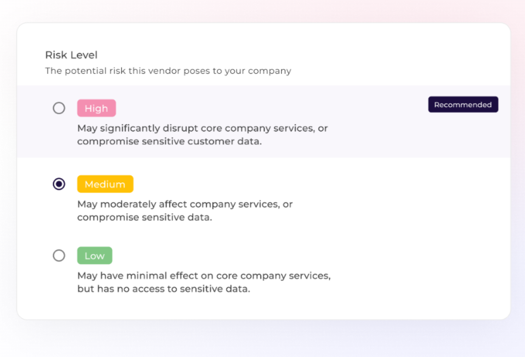 This is an image of Scytale’s vendor risk level settings showing high, medium, and low classifications for vendor impact.