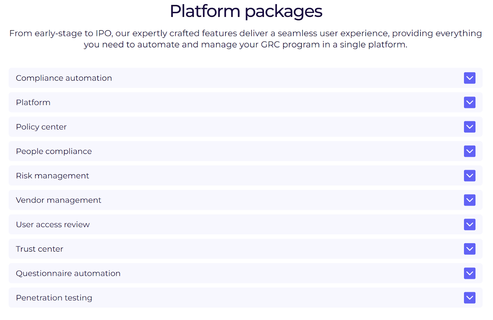 This is an image of Scytale’s platform packages list outlining modules like compliance automation, risk management, and policy center.