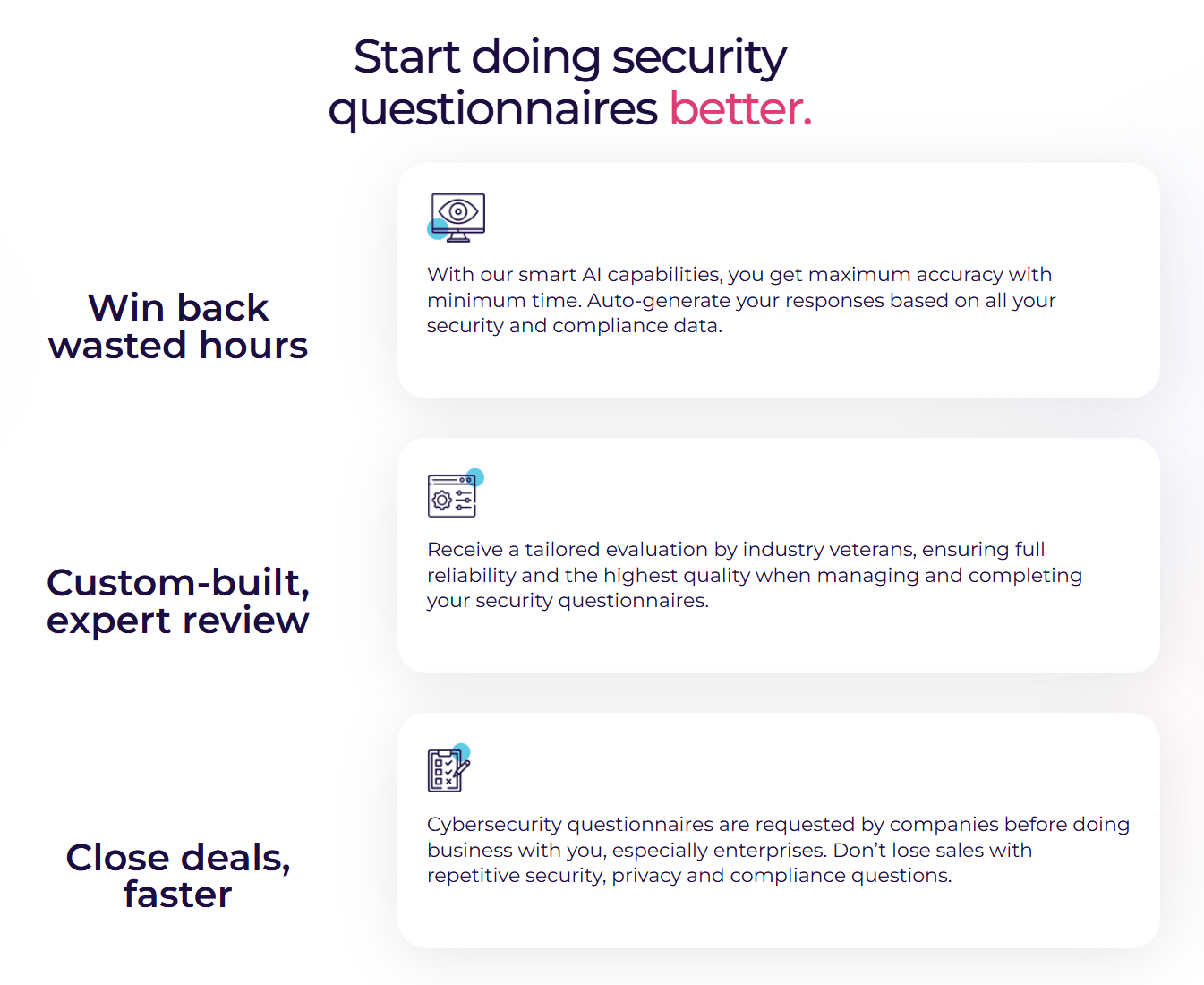 This is an image of Scytale’s AI-powered security questionnaire benefits highlighting faster completion, expert review, and deal acceleration.