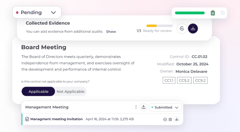 This is an image of Scytale’s audit status dashboard highlighting approval rates, controls, and auditor review metrics.