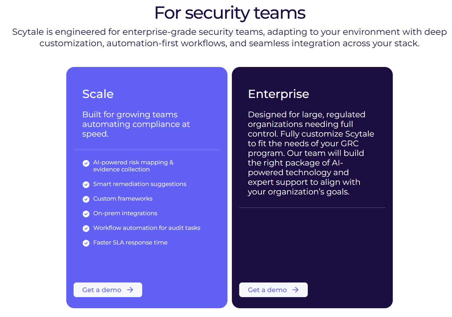 This is an image of Scytale’s pricing tiers for enterprise security teams comparing Scale and Enterprise plans.