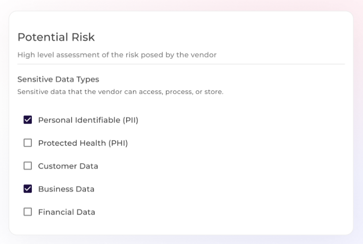 This is an image of Scytale’s potential risk dashboard showing sensitive data types like PII, PHI, and business data handled by vendors.