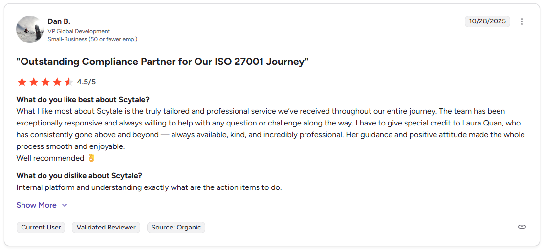 This is an image of a 4.5-star Scytale review praising personalized service, responsive support, and smooth ISO 27001 compliance journey.