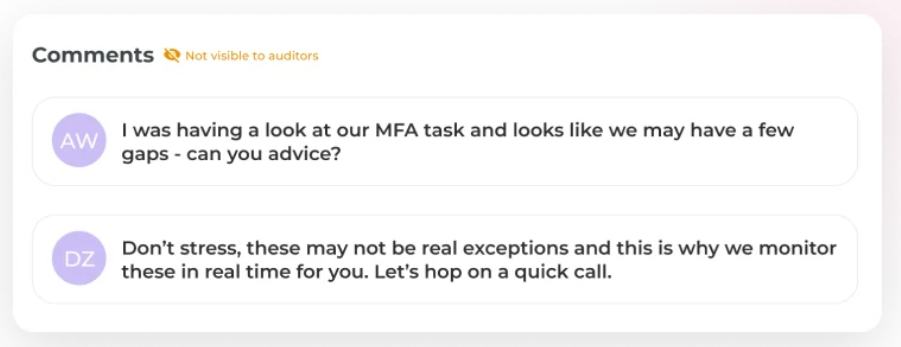 This is an image of Scytale’s collaboration hub interface showing threaded auditor and admin communication for audit tasks.