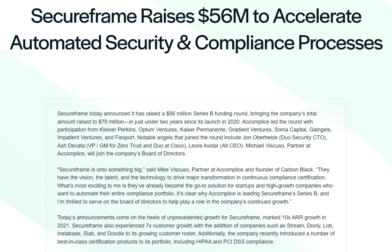 This is an announcement visual highlighting Secureframe’s $56M Series B funding and growth goals.