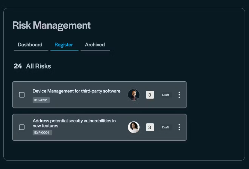 This is a risk management dashboard listing tracked risks, owners, and draft statuses.