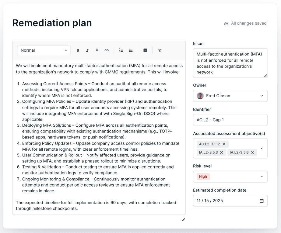 This is a remediation plan view detailing MFA issue resolution steps, risk level, and timeline.