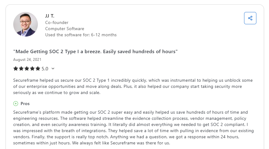 This is a Capterra review praising Secureframe’s SOC 2 automation, support, and audit preparation tools.