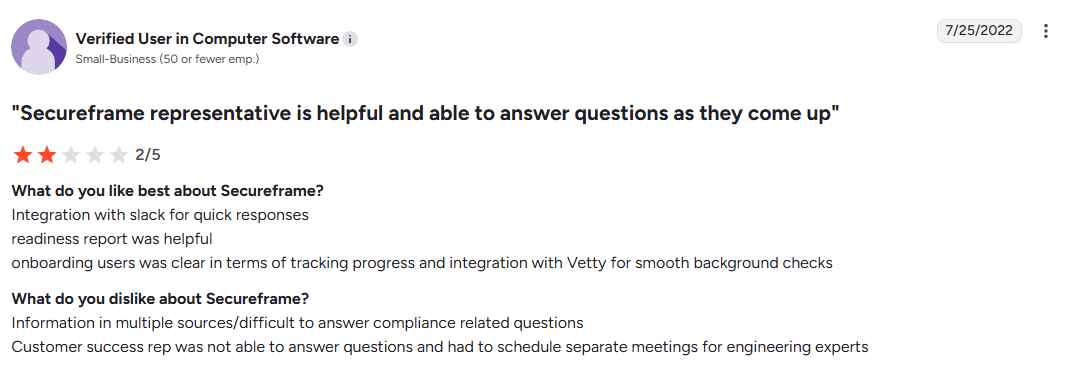 This is a G2 review mentioning helpful support but difficulties with compliance information and answers.