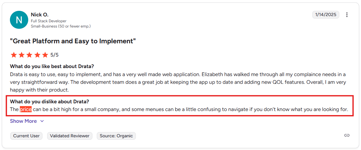 This is an image of Drata user review from G2 reviews calling Drata costly.