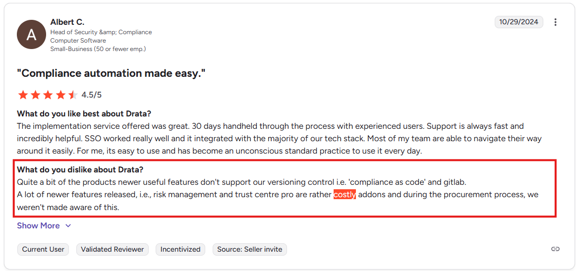 This is an image of a verified Drata user calling Drata expensive on G2 reviews.