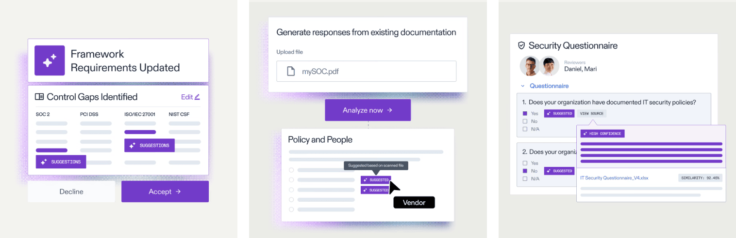This is a screenshot of AuditBoard’s AI-driven compliance interface featuring policy suggestions and document analysis tools.