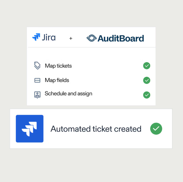 This image shows AuditBoard’s Jira integration for mapping tickets, assigning tasks, and automating issue tracking.
