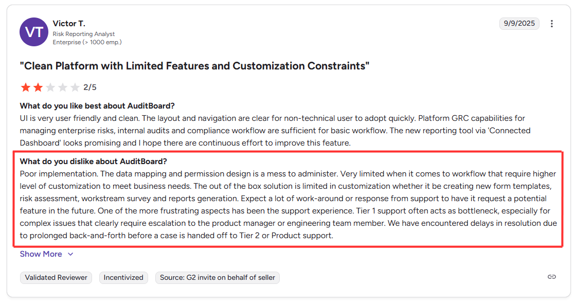 This is a critical AuditBoard review from G2 mentioning poor implementation, limited customization, and delayed support response times.