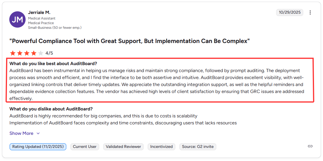 This is a positive AuditBoard review from G2 highlighting smooth deployment, strong compliance management, and dependable integration support.