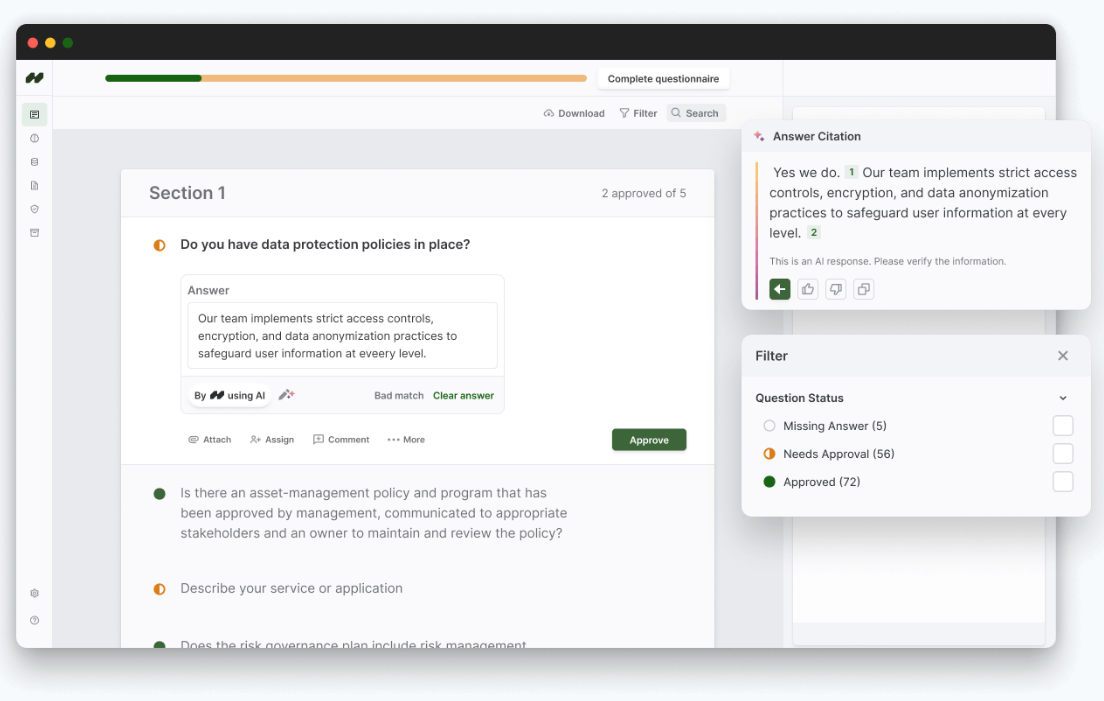 This screenshot shows Hyperproof AI suggesting proof linking to policies and audit requests through automated recommendations.