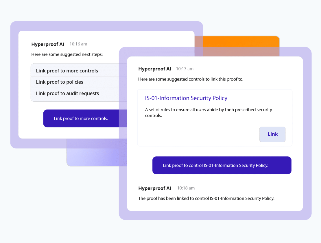 This screenshot shows Hyperproof’s AI answering security questionnaires and suggesting policy-based responses for approval.