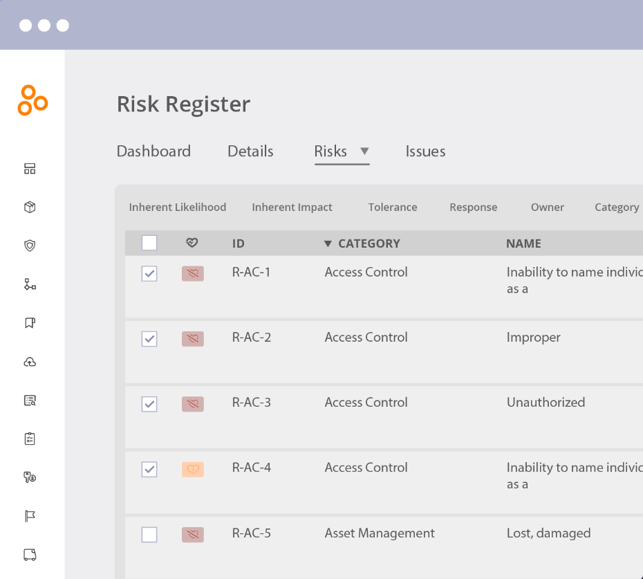 Screenshot of Hyperproof’s risk register showing categorized risks, likelihood, and response tracking within the platform dashboard.