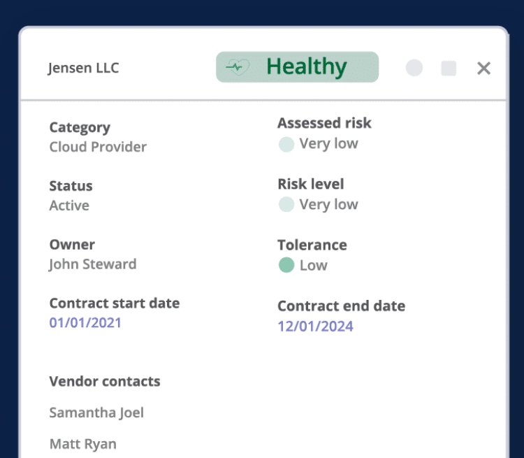 Vendor status card in Hyperproof displaying risk levels, tolerance, ownership, and contract dates for supplier compliance tracking.