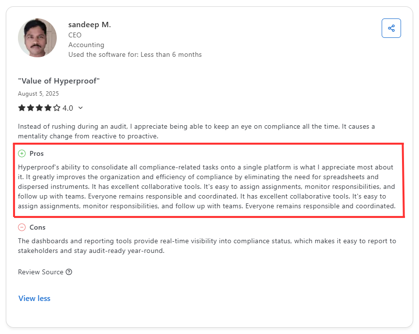 A positive G2 review of Hyperproof praising its consolidated compliance platform, strong collaboration tools, and organized team tracking.