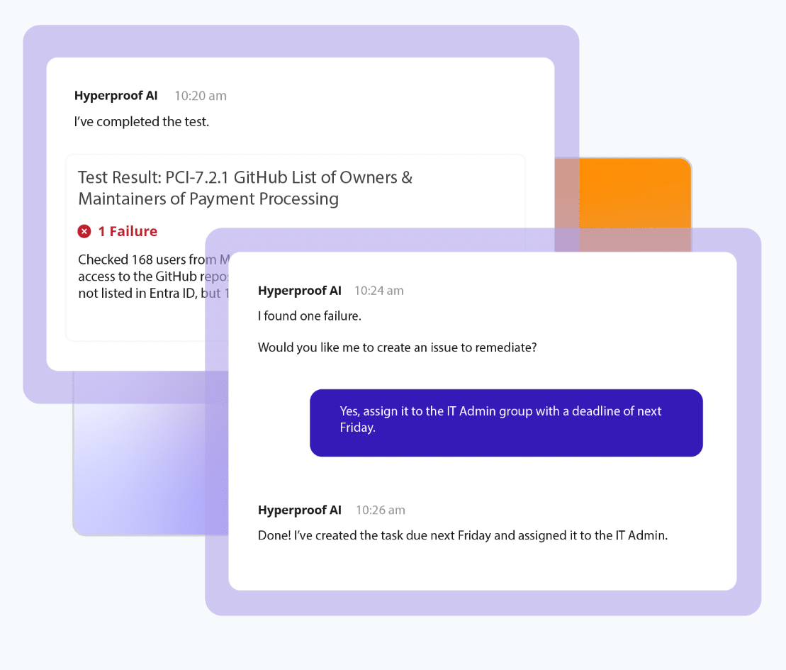This image displays Hyperproof AI automatically identifying a PCI compliance failure and assigning remediation tasks to IT teams.