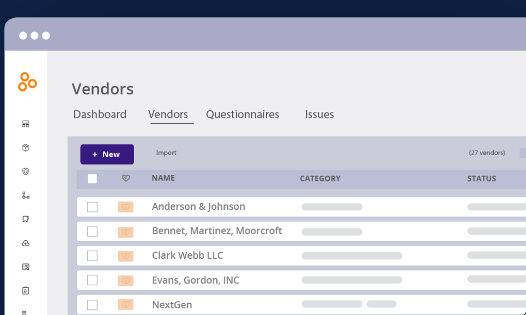 Hyperproof vendor management dashboard showing vendor lists, categories, questionnaires, and issue tracking in one interface.