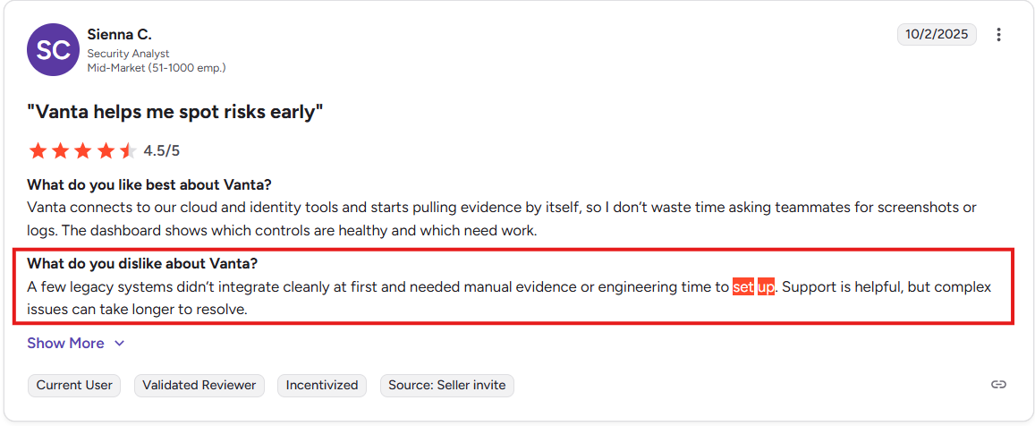 This is an image of a Vanta user review from G2 reviews explaining the difficulty of set up.