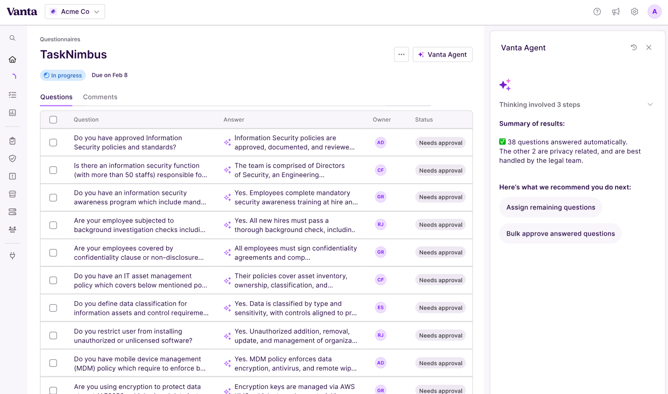 This is an image of Vanta's Security questionnaire automation dashboard.