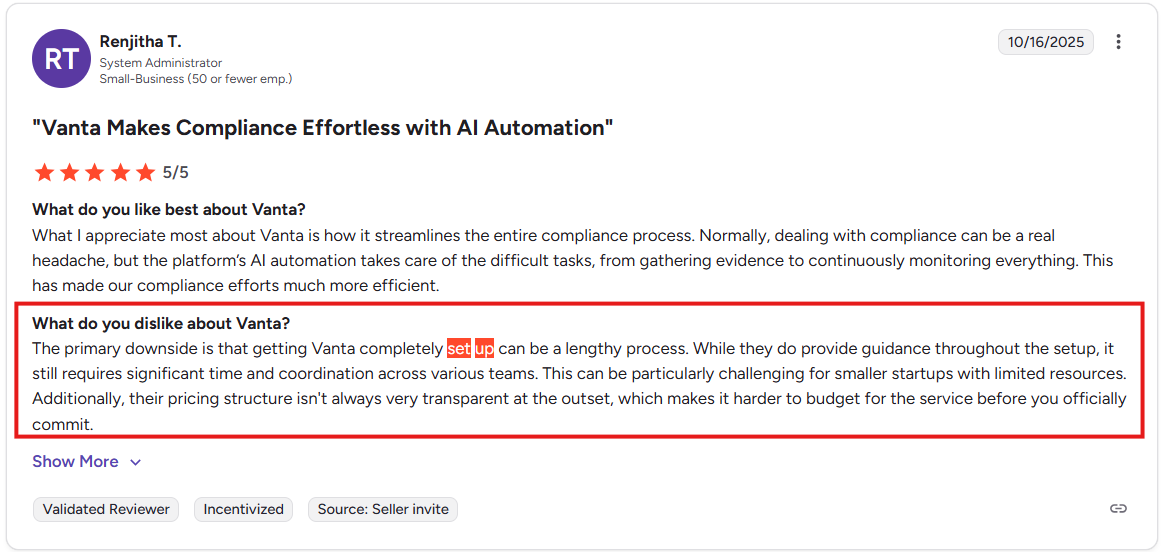This is an image of Vanta user review from G2 reviews about difficulty in set up.