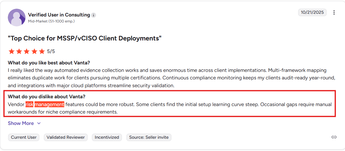 This is an image of Vanta user review on g2 Reviews limitations in Vanta's vendor risk management features.