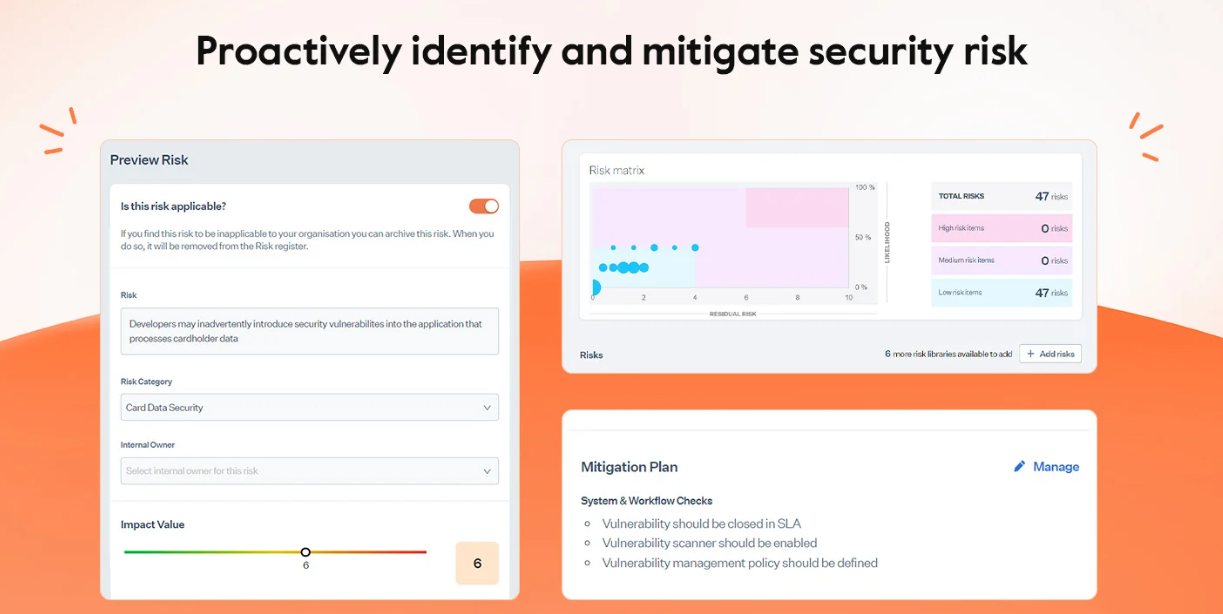 Security risk mitigation dashboard: preview risk, risk matrix, mitigation plan with workflow checks.