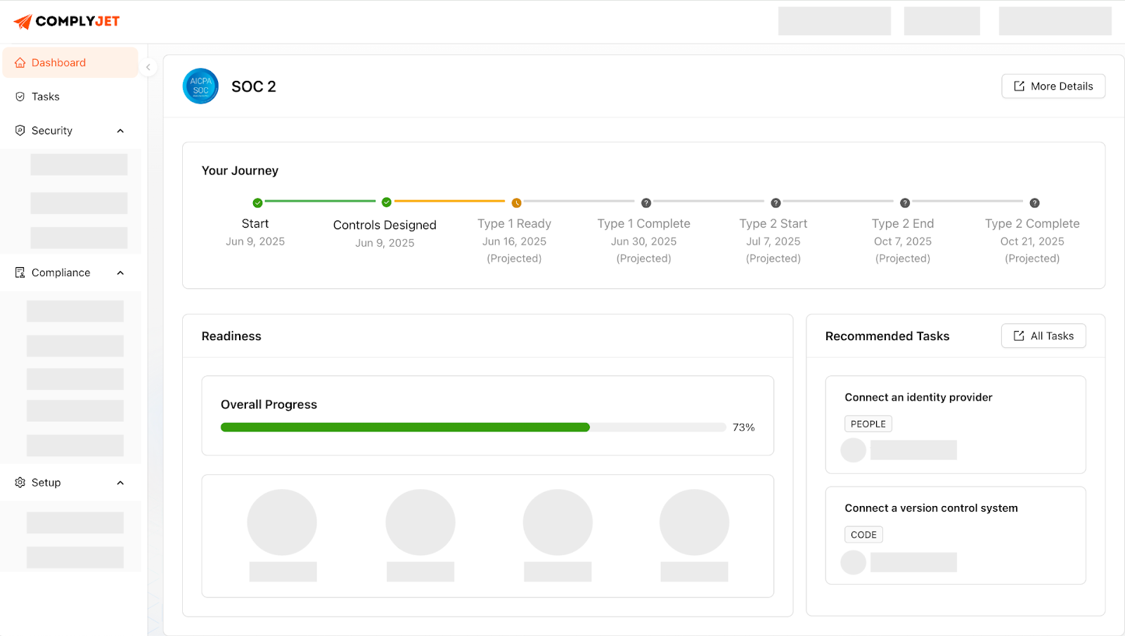 ComplyJet compliance dashboard showcasing SOC 2 audit-readiness.
