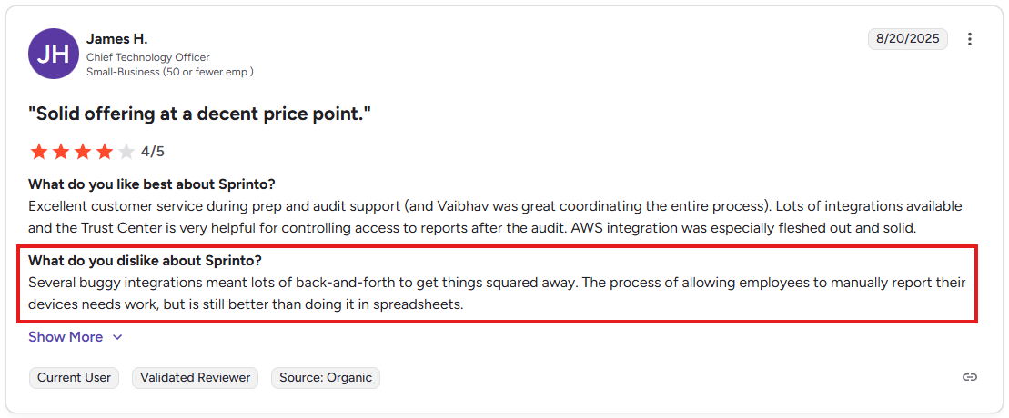 Sprinto G2 review noting latency issues, need for bug fixes, template updates, and integration improvements for third-party tools.”