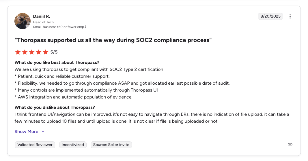 This is an image of Thoropass review on G2, where user like the support provided by the platform during SOC 2 Compliance process