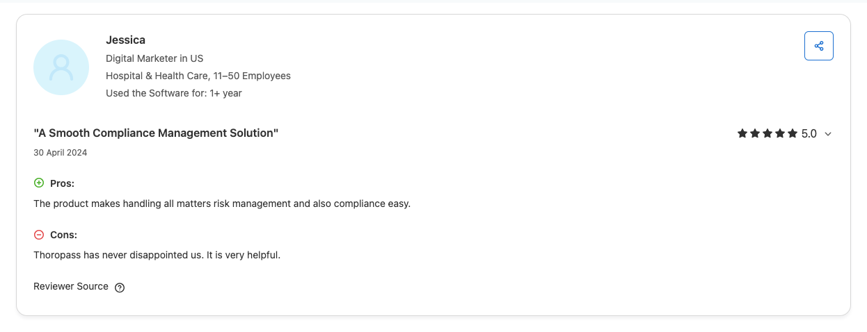 This is an image of Thoropass review on Capterra, where a single user noted a 5/5 rating.