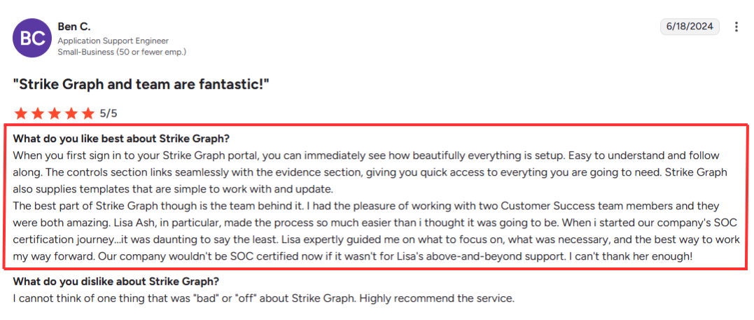 This is a G2 review screenshot highlighting user praise for Strike Graph’s onboarding experience and customer success team.
