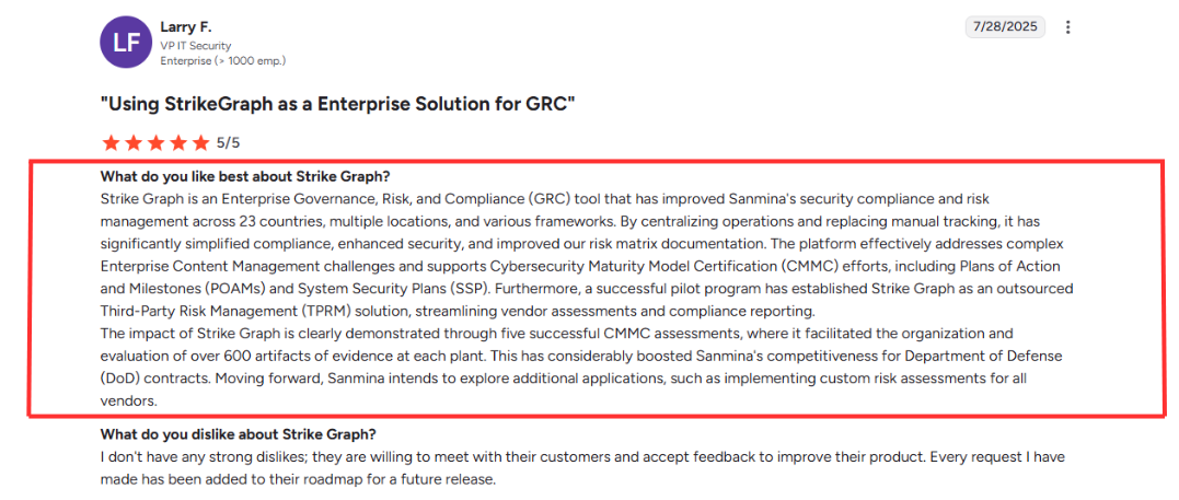 This is a G2 review screenshot praising Strike Graph’s enterprise-level GRC capabilities, security improvements, and assessment support.