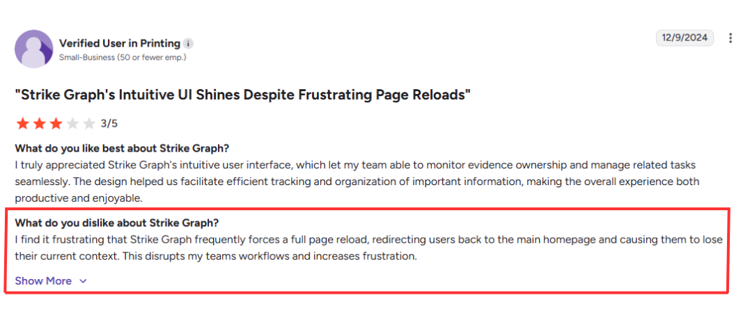 This is a G2 review screenshot describing user frustration with Strike Graph’s frequent full-page reloads.